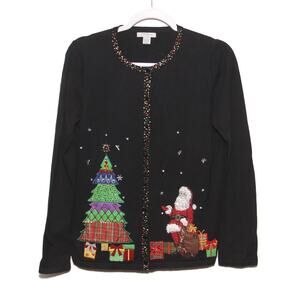 Mercer Street Studio Santa Presents Tree Christmas Sweater Cardigan Size Small